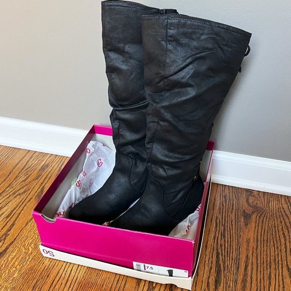 Women’s SO “Matilda” Wide Calf Riding Boots Knee High Low Heel BLACK size 7.5 - Picture 2 of 8